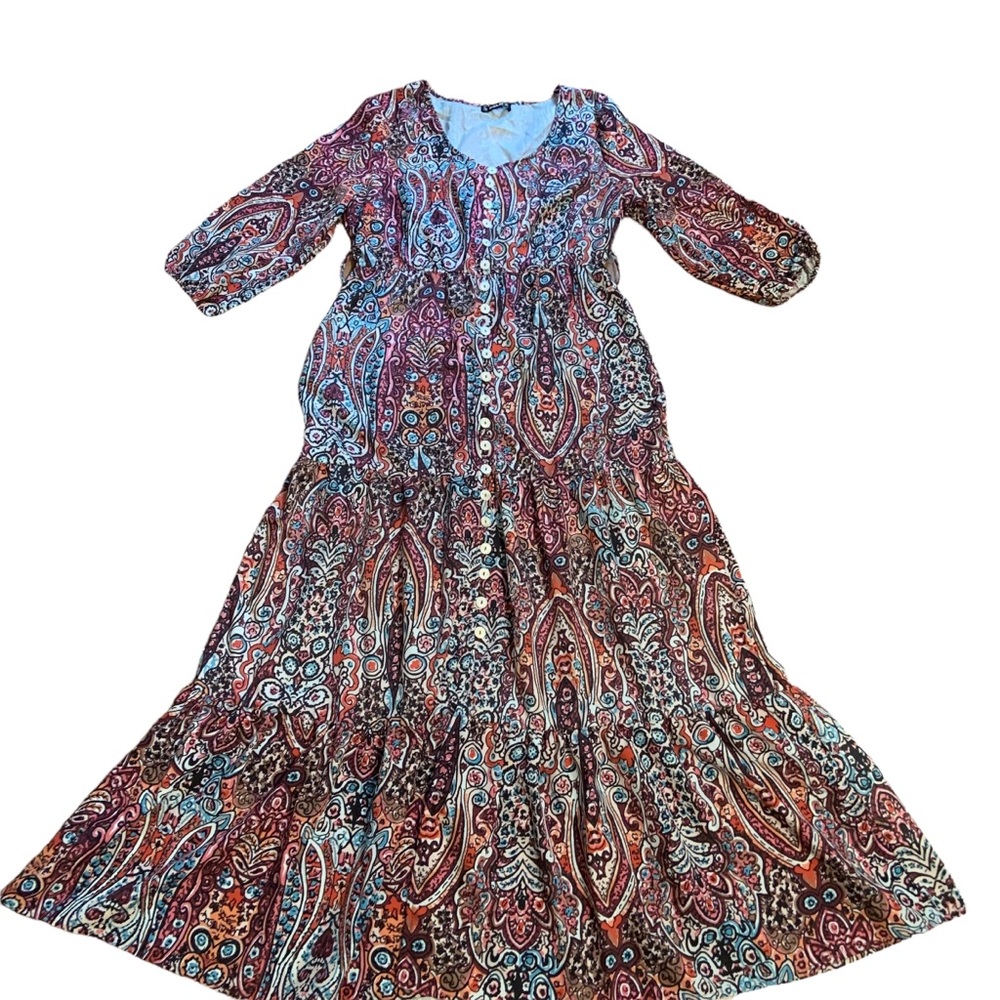 Sheilay Womens  Button Up Maxi Dress Size L Empire Tiered Flowy Festival Hippy